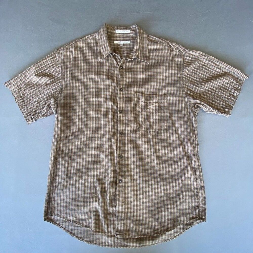 Perry Ellis Men's Large Brown Plaid Button Front Short Sleeve Cotton Shirt L